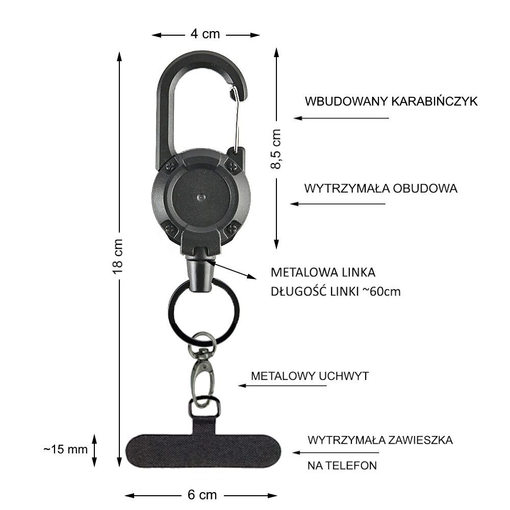 Smycz do telefonu antykradzieżowa z linką retrakcyjną i karabińczykiem (NK272) - obrazek 3