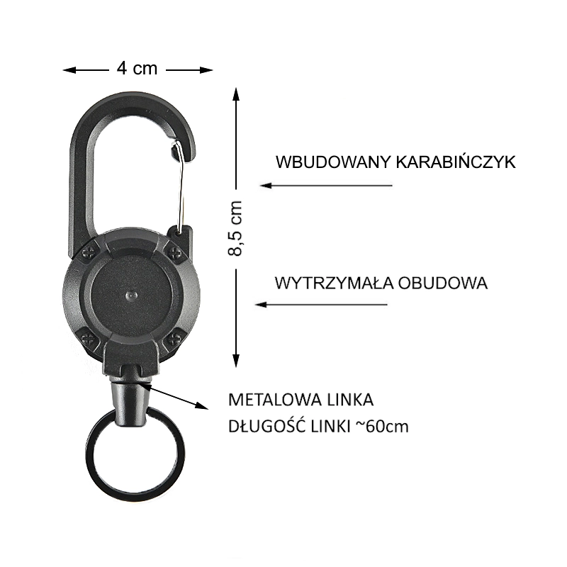 Retraktor "HOOK" w wytrzymałej obudowie z dużym karabińczykiem i metalową linką (NK224) - obrazek 4