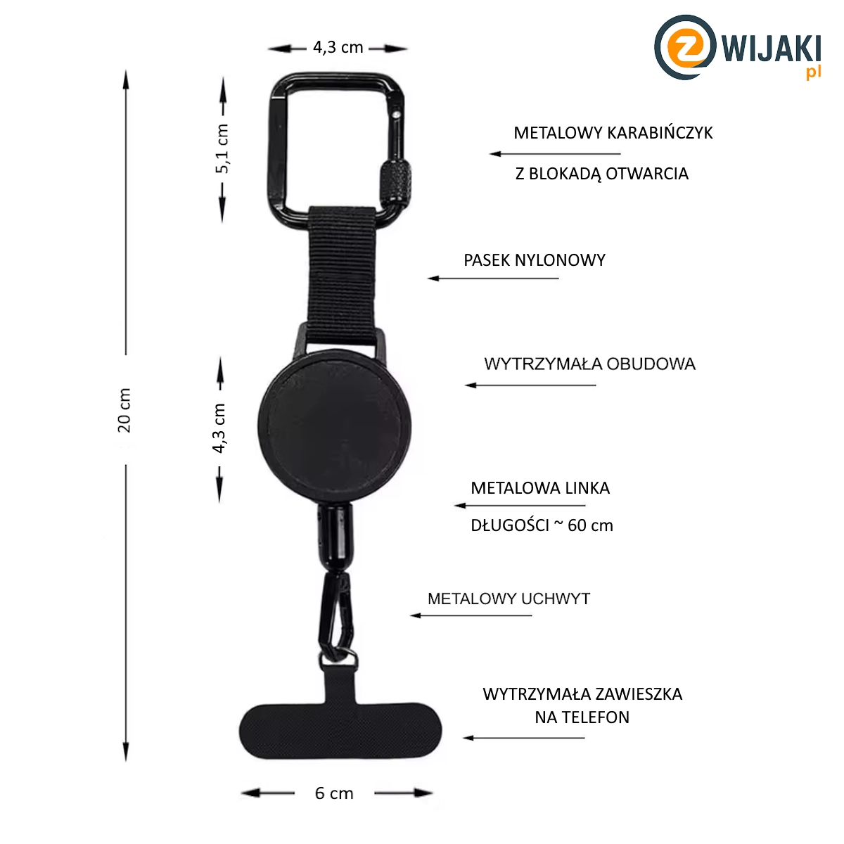 Smycz do telefonu antykradzieżowa HEAVY DUTY z metalową linką i karabińczykiem (NK275) - obrazek 3